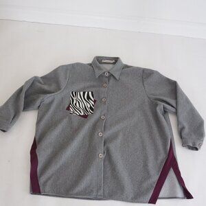 Vintage Nody Fashion Grey w Zebra Pattern Pocket Button Up Oversized Shacket 58